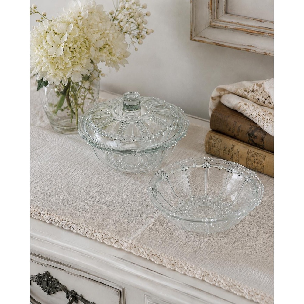 Vtg 3 piece Pressed Glass Covered Candy Dish & Bowl Set Beaded Cottage Decor